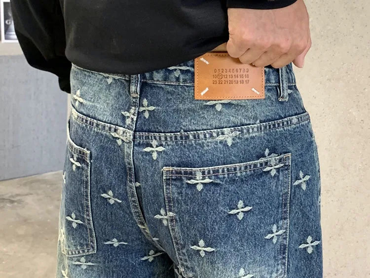autumn winter new trendy brand jacquard jeans men high street hiphop casual fashion loose denim jeans pants boyfriend trousers unique jeans style 2838