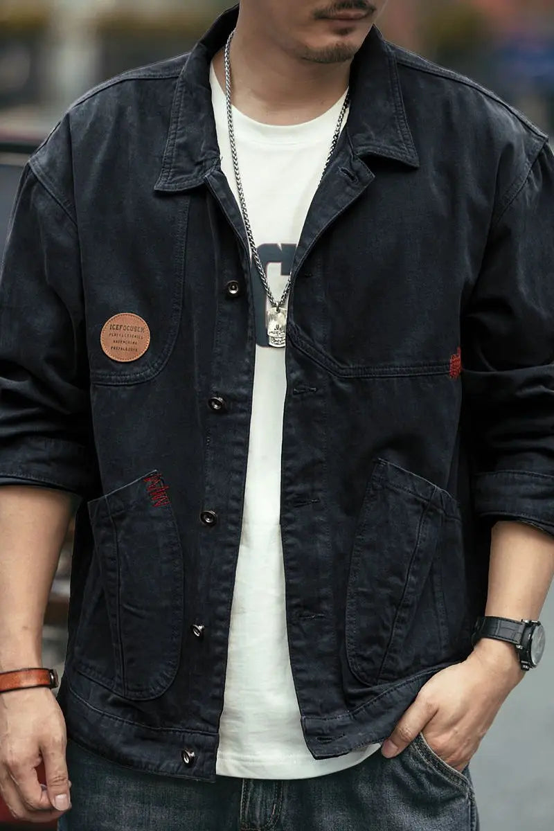 american retro workwear jacket for boys loose spring and autumn high street japanese style khaki casual trendy denim jacket tops unique jeans style 4883