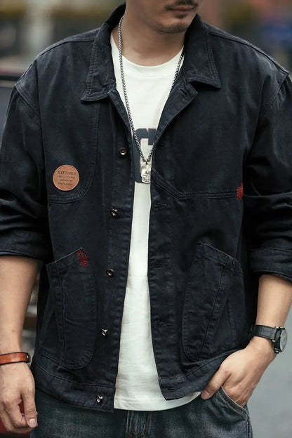 american retro workwear jacket for boys loose spring and autumn high street japanese style khaki casual trendy denim jacket tops unique jeans style 4883