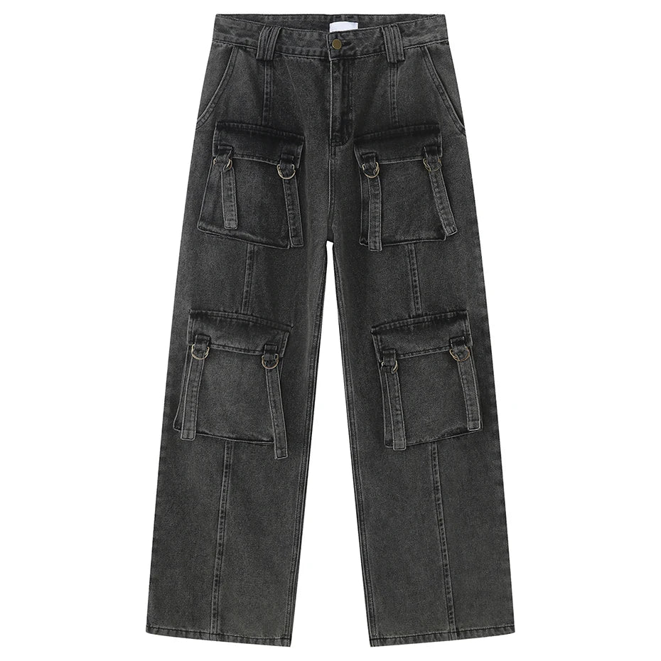 multi pocket cargo jeans men korean fashion loose straight denim pants unique cargo style 506