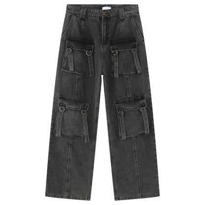 multi pocket cargo jeans men korean fashion loose straight denim pants unique cargo style 506