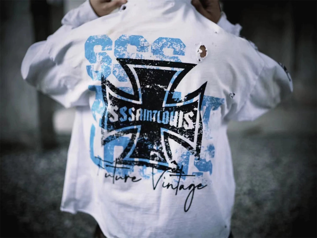 sssaint Louis Vintage Dirty Worn Distressed Cross Print High-Street Graffiti Long Sleeve T Shirt Pullover Summer Street King Limited