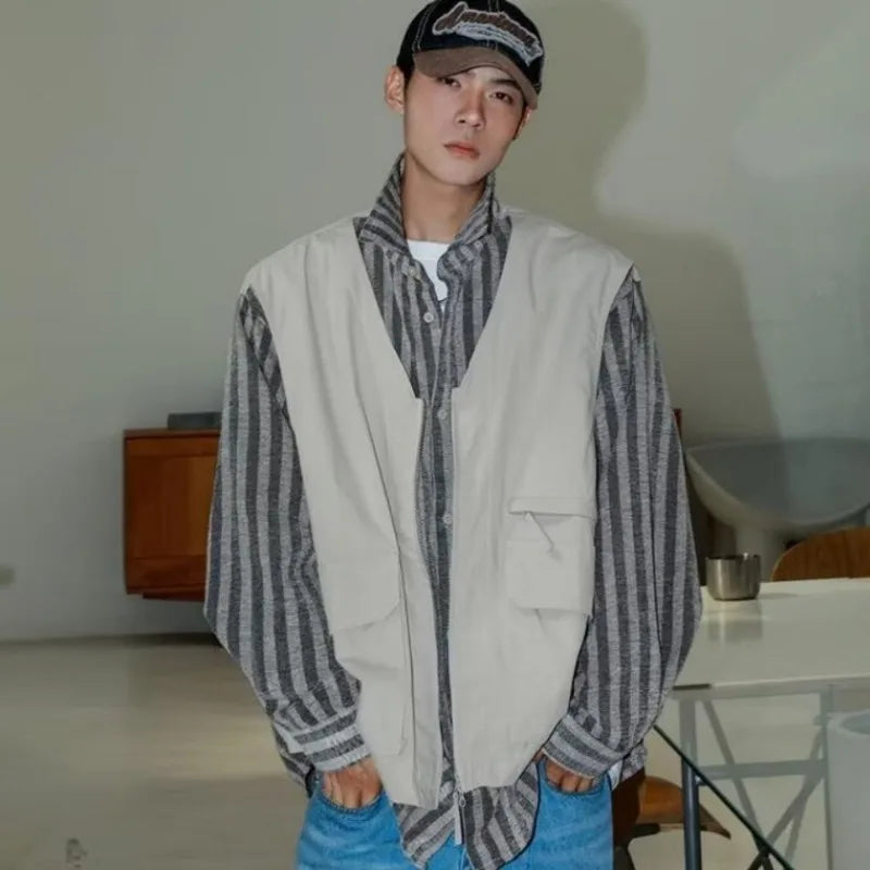 striped mens shirt jacket 2024 spring japanese street color blocked fake two coats vest tooling trend zipper long sleeved tops unique default style 2382