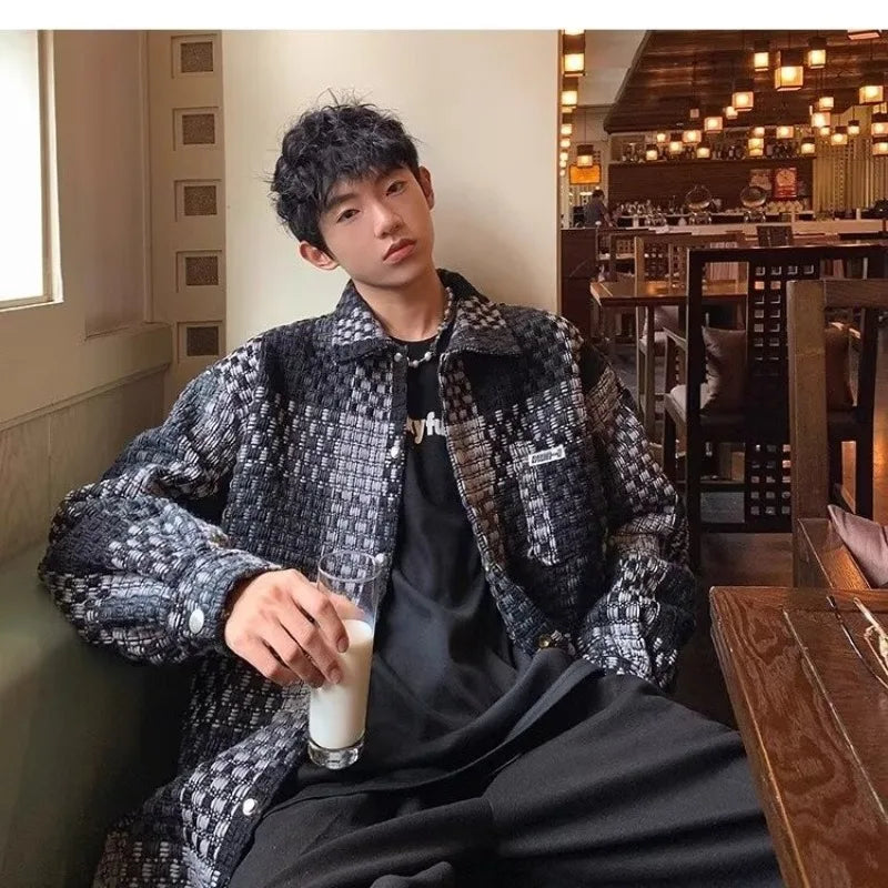 high street lattice mens jackets woven fabric single breasted loose harajuku shirt coats letter embroidered casual male tops unique default style 1825