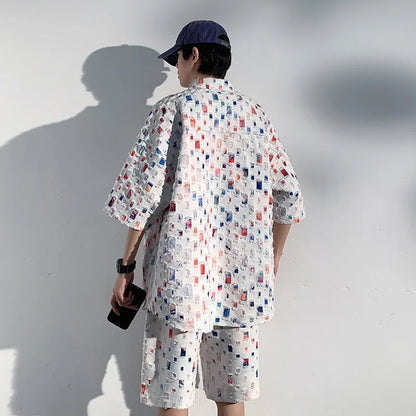 Summer Plaid Sets Men Fashion Short Sleeved Shirt/Shorts Two-piece Mens Streetwear Loose Hollow Out Set Mens Short Sets M-5XL Street King Limited