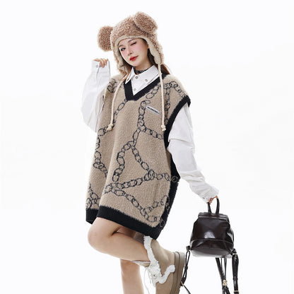 High Street Harajuku Imitation Mink Hair Knitted Vest Chain Color Block V-neck Pullover Sweater Vest Oversized Knitwear Trendy Street King Limited