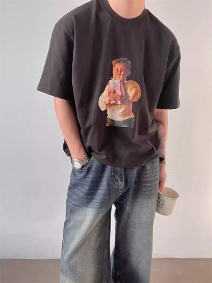 Summer Korean fun pattern printed short-sleeved T shirt American trend y2k personalized street round neck half sleeved T shirt Street King Limited