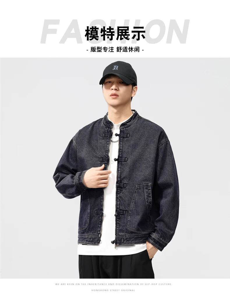 men spring autumn streetwear fashion retro loose casual plus size stand collar denim jacket man jeans coat outerwear unique jeans style 902