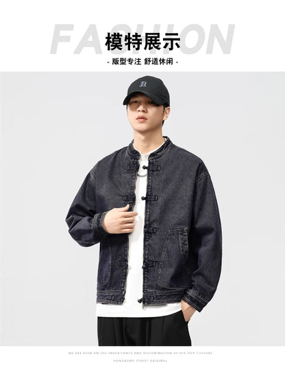 men spring autumn streetwear fashion retro loose casual plus size stand collar denim jacket man jeans coat outerwear unique jeans style 902