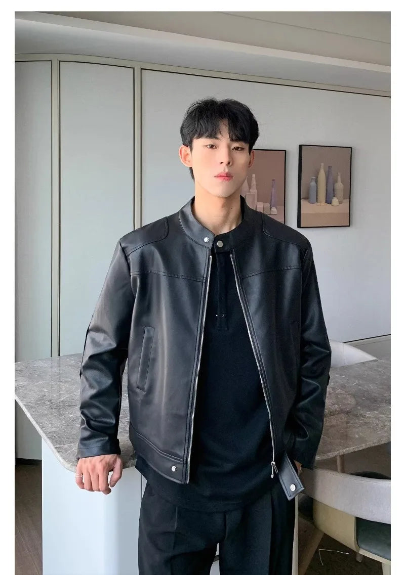 retro american street leather jacket mens autumn 2024 motorcycle standing collar trendy short coat zipper loose bomber outwear unique shorts style 2658