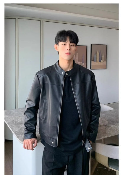 retro american street leather jacket mens autumn 2024 motorcycle standing collar trendy short coat zipper loose bomber outwear unique shorts style 2658
