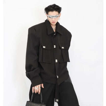 trendy high street jacket mens unisex metal button shoulder pad short coats multi pocket punk hip hop loose outwear oversized unique shorts style 3550