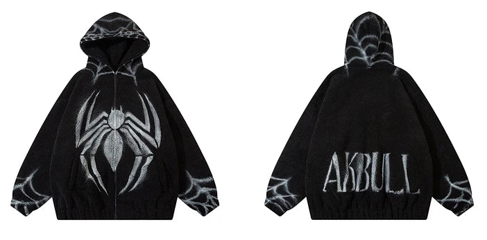 mens harajuku spider graffiti fleece jackets and coats hairy zipper hooded outerwear warm streetwear parkas loose bomber jacket unique default style 4065