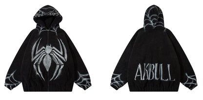mens harajuku spider graffiti fleece jackets and coats hairy zipper hooded outerwear warm streetwear parkas loose bomber jacket unique default style 4065