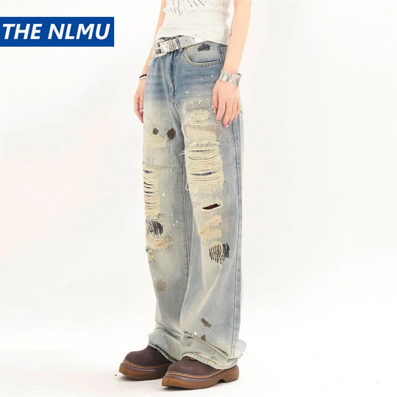 mens fashion ripped jeans blue straight baggy jeans trousers luxury loose casual distressed denim pants male 1 vintage washed jeans