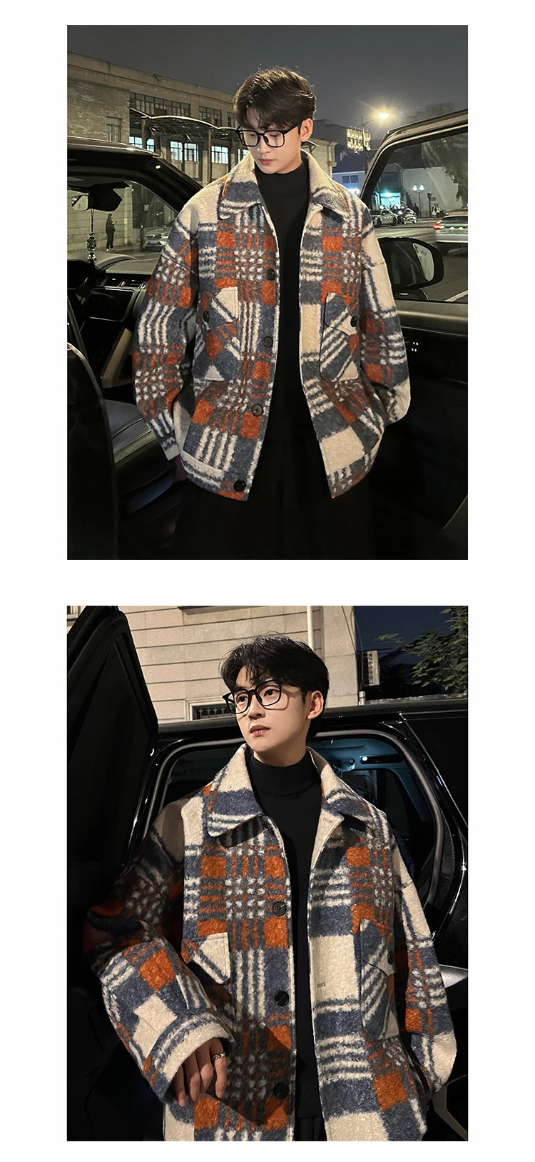 autumn winter campus boy plaid woolen coat men streetwear fashion loose casual retro thick jacket man bomber coat outerwear unique default style 940