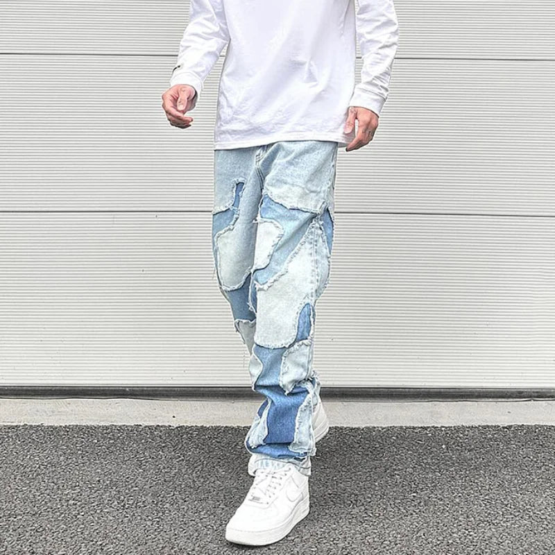 ripped irregular patchwork design denim jeans men casual zipper biker trousers jeans fashion streetwear hip hop pants joggers casual joggers