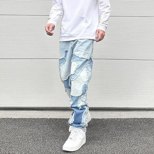 ripped irregular patchwork design denim jeans men casual zipper biker trousers jeans fashion streetwear hip hop pants joggers casual joggers