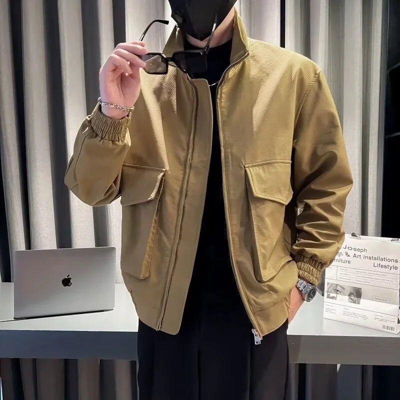 autumn solid color cargo jackets for men new korean fashion zipper cardigan coats stand collar streetwear bomber jacket hombre unique cargo style 1655