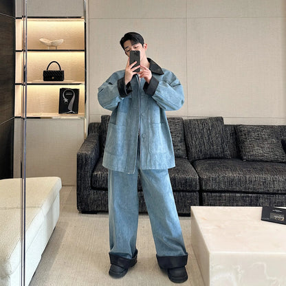 fashion show suits men streetwear washed denim splice loose casual jacket wide leg jeans pants 2 piece sets coat trousers suits unique jeans style 2624