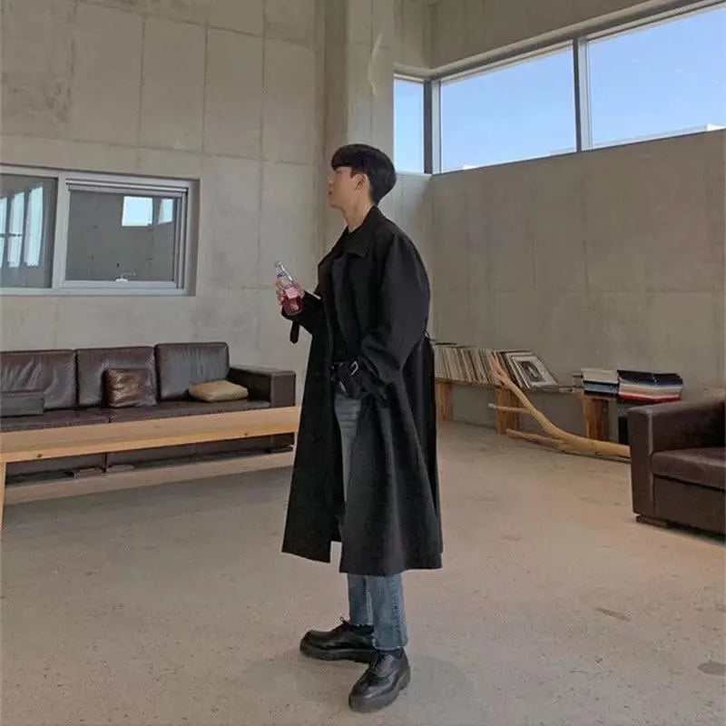 Khaki Black Trench Coat Men Fashion Autumn Oversized Long Coat Men Korean Loose Windbreaker Jacket Mens Overcoat M-2XL Street King Limited