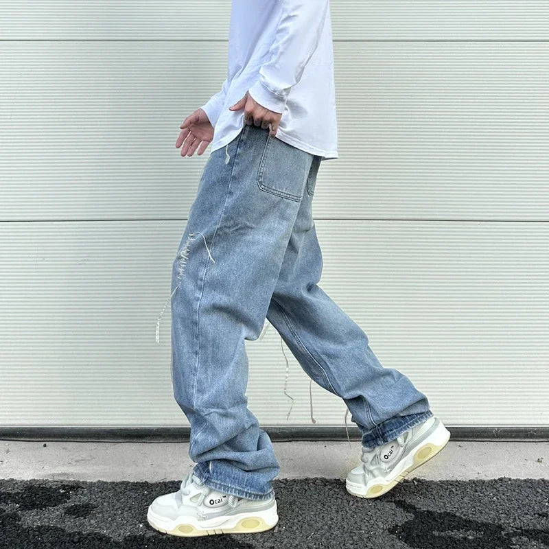 fashion loose streetwear denim jeans new casual wide legs straight jean pants hip hop tassel joggers baggy jeans men clothing casual joggers