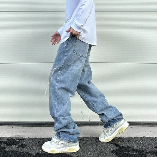 fashion loose streetwear denim jeans new casual wide legs straight jean pants hip hop tassel joggers baggy jeans men clothing casual joggers