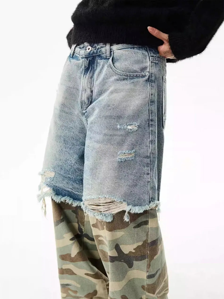 Camouflage Patchwork Jeans Mens Fake Two Items Street Punk Unisex Denim Pants Multiple Pockets Blue Size S-3XL Cowboy Trousers Street King Limited