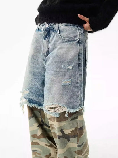 Camouflage Patchwork Jeans Mens Fake Two Items Street Punk Unisex Denim Pants Multiple Pockets Blue Size S-3XL Cowboy Trousers Street King Limited