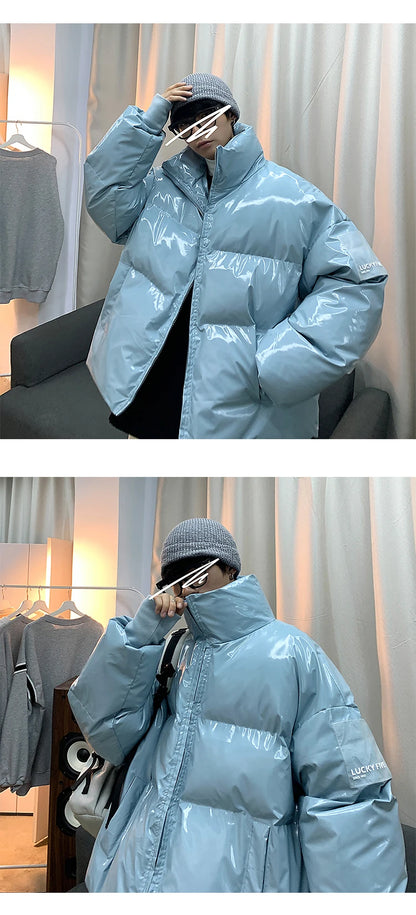 Winter Jacket Men Parkas Thicken Warm Coat Stand Collar Oversize Parkas Bright Leather Fabric Jacket Korean Style Padded Coat Street King Limited
