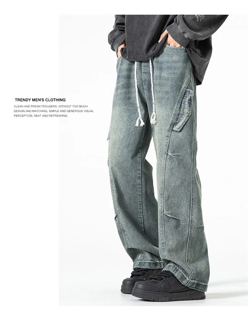 2025 new hip hop multi pockets straight jeans for men high street cargo denim pants spring y2k vintage distressed baggy jean unique cargo style 3362