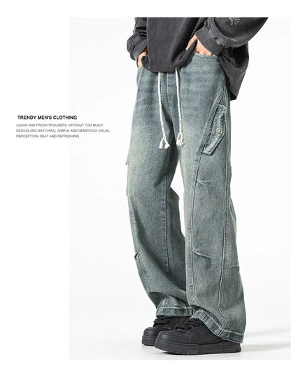 2025 new hip hop multi pockets straight jeans for men high street cargo denim pants spring y2k vintage distressed baggy jean unique cargo style 3362