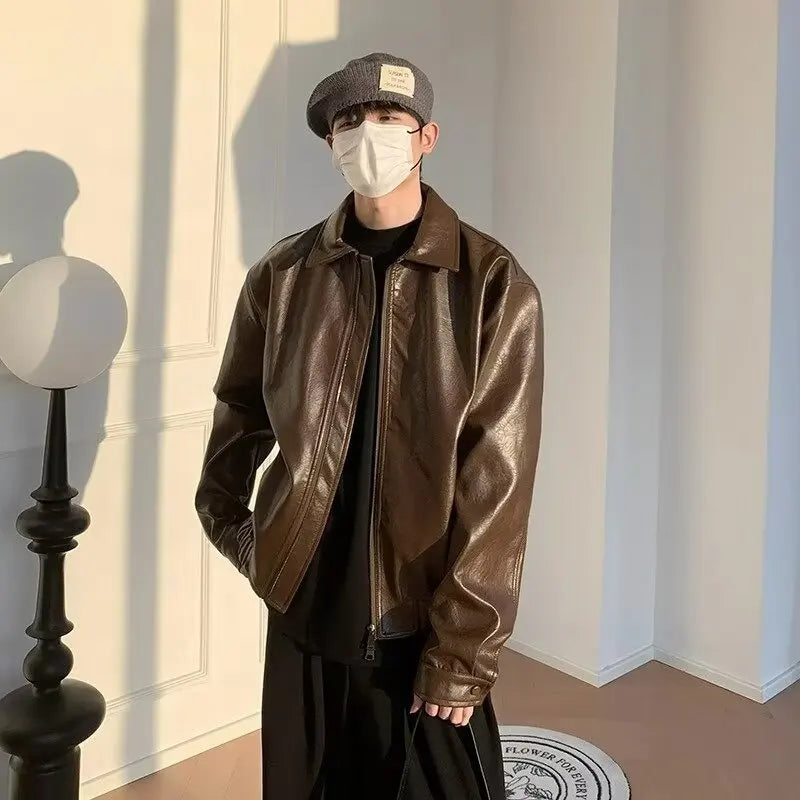 new retro short pu leather jacket mens brown japanese hip hop bomber coats motorcycle punk trend windbreaker y2k streetwear unique shorts style 3443