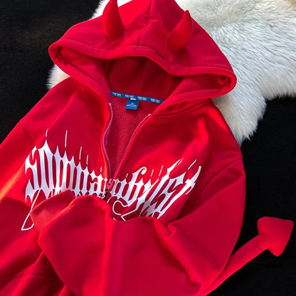 Y2K Kawaii Devil Horn Tail Hip Hop Badge Print Hoodies Cardigan Couples Street Loose Casual Zip Up Sweatshirt Harajuku Clothes Street King Limited
