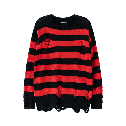 High Street Retro Punk Red and Black Stripes Autumn Sweater Men Loose Ripped Hole Tassel Pullover Round Neck Casual Clothes Street King Limited