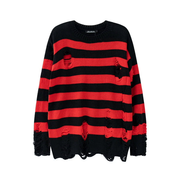 High Street Retro Punk Red and Black Stripes Autumn Sweater Men Loose Ripped Hole Tassel Pullover Round Neck Casual Clothes Street King Limited