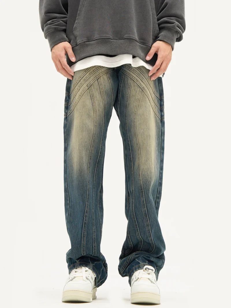 mens retro washed denim jeans loose straight pants 2023 new fashion streetwear trousers hip hop casual zipper jean pants joggers urban active pants