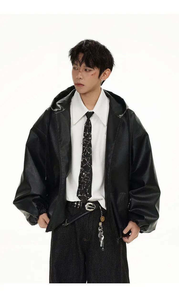 pu leather bomber jacket men streetwear fashion loose casual vintage leather hooded short motorcycle jacket hoody coat outerwear unique shorts style 565