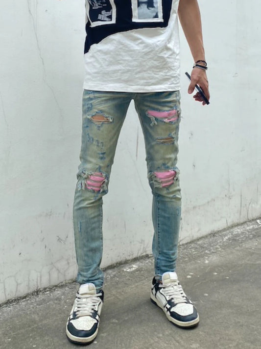destroied ripped holes patckwork denim jean mens casual distressed washed biker jeans new fashion high street slim pants joggers urban active pants