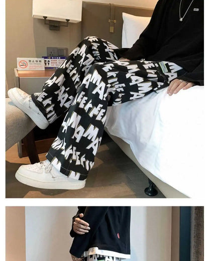 Letter wide-leg pants for men and women in autumn and winter plus velvet high-waisted loose long and short straight pants tops Street King Limited