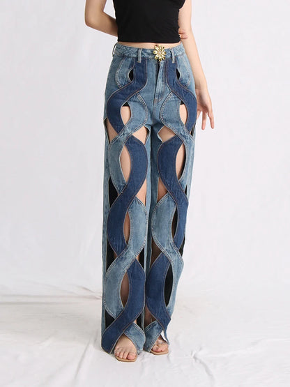 womens hollow jeans spring trend personality high waist zipper casual wide leg pants fashion casual clothing y2k pants jeans unique jeans style 62