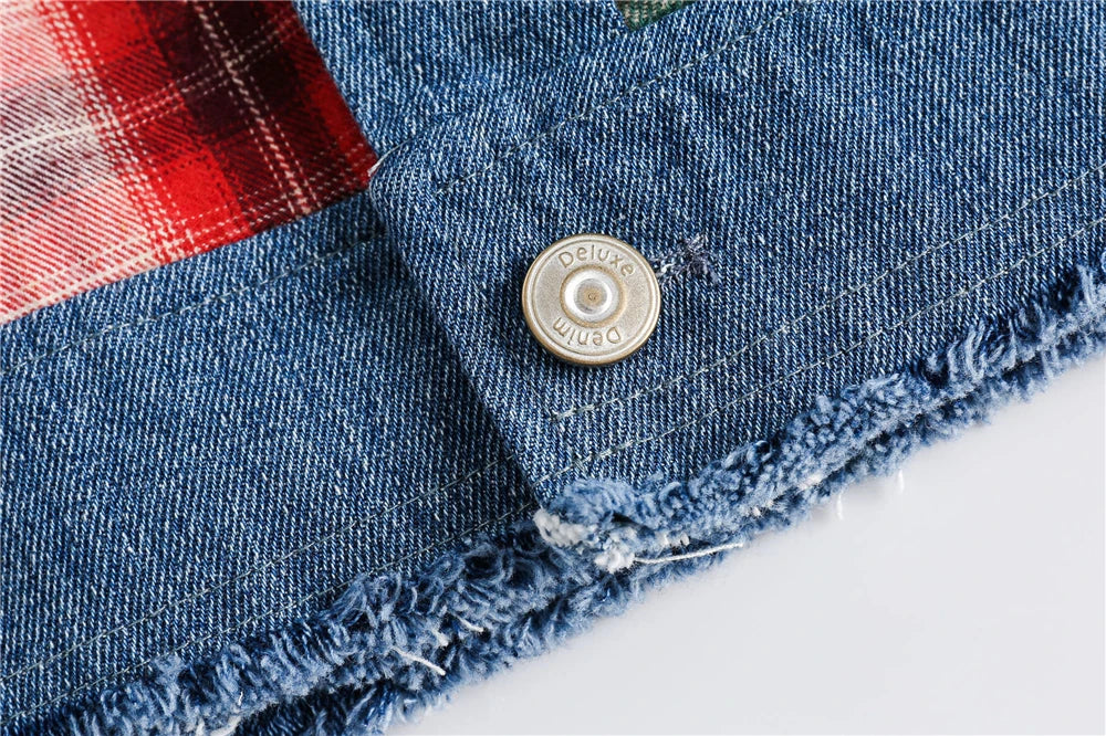 men hip hop denim jacket plaid patchwork oversized harajuku y2k unisex jeans jackets 2023 man fashion causal jacket outwear unique jeans style 1405