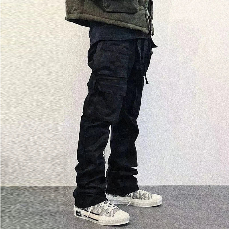 Harajuku Multi-pockets Straight Flare Pants Mens High Street Elastic Waist Solid Loose Casual Cargo Pants Hip Hop Baggy Trousers Street King Limited