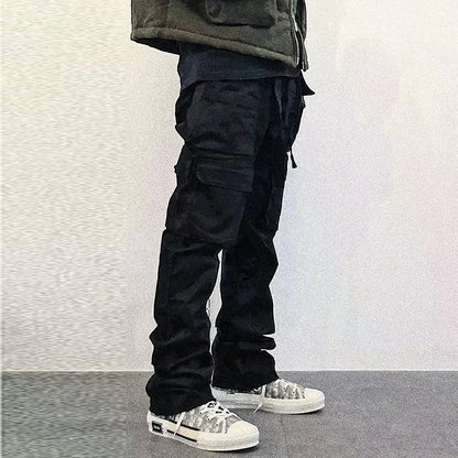 Harajuku Multi-pockets Straight Flare Pants Mens High Street Elastic Waist Solid Loose Casual Cargo Pants Hip Hop Baggy Trousers Street King Limited