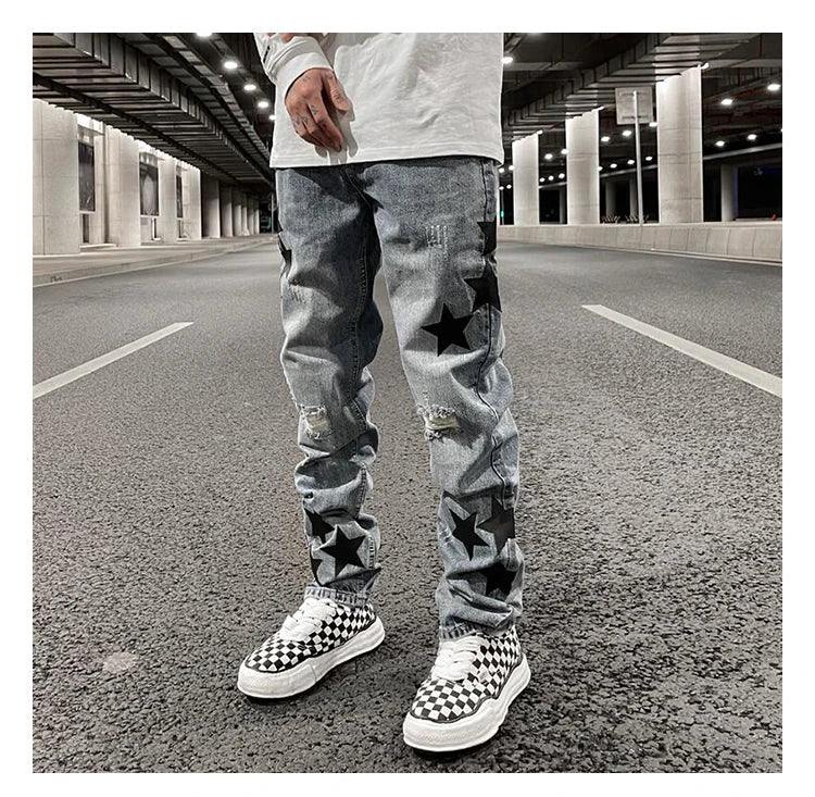 fashion ripped destroied jeans trousers distressed biker jeans with stars high street slim pants joggers denim jeans for men unique joggers style 2243
