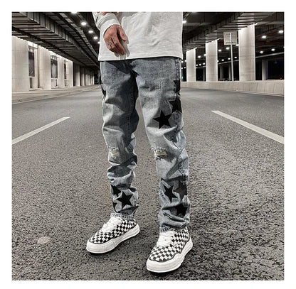 fashion ripped destroied jeans trousers distressed biker jeans with stars high street slim pants joggers denim jeans for men unique joggers style 2243