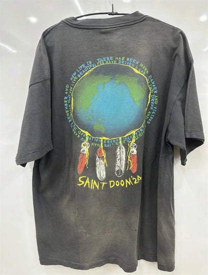 Vintage Retro 24ss Print High-Street Old School Distressed Cotton Tops T-Shirt For Summer Street King Limited