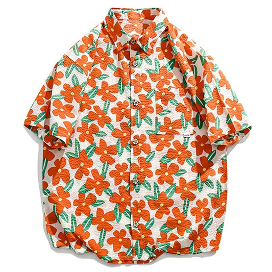 "Orange Floral" Unisex Men Women Graphic Button Shirt Daulet Apparel