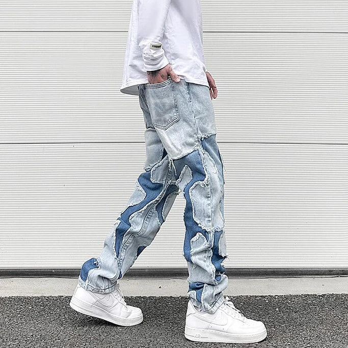 ripped irregular patchwork design denim jeans men casual zipper biker trousers jeans fashion streetwear hip hop pants joggers unique joggers style 2620