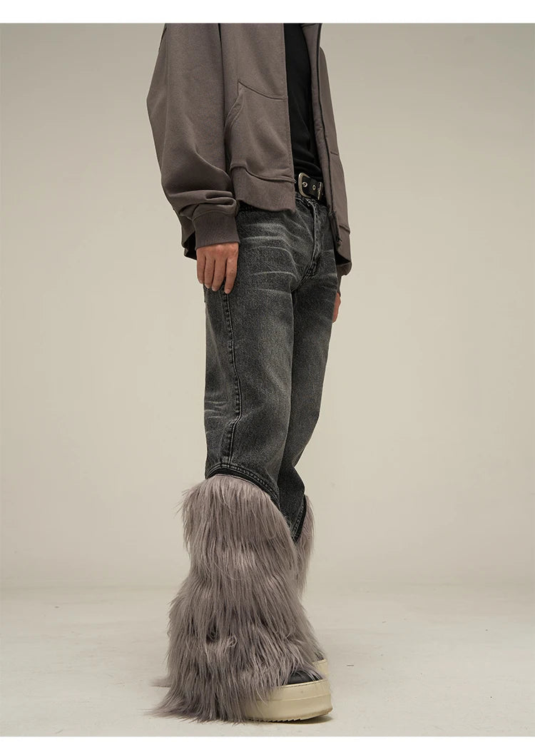 harajuku denim straight jeans men trousers high street zipper detachable fur bottom streetwear casual loose joggers jean pants unique joggers style 2965